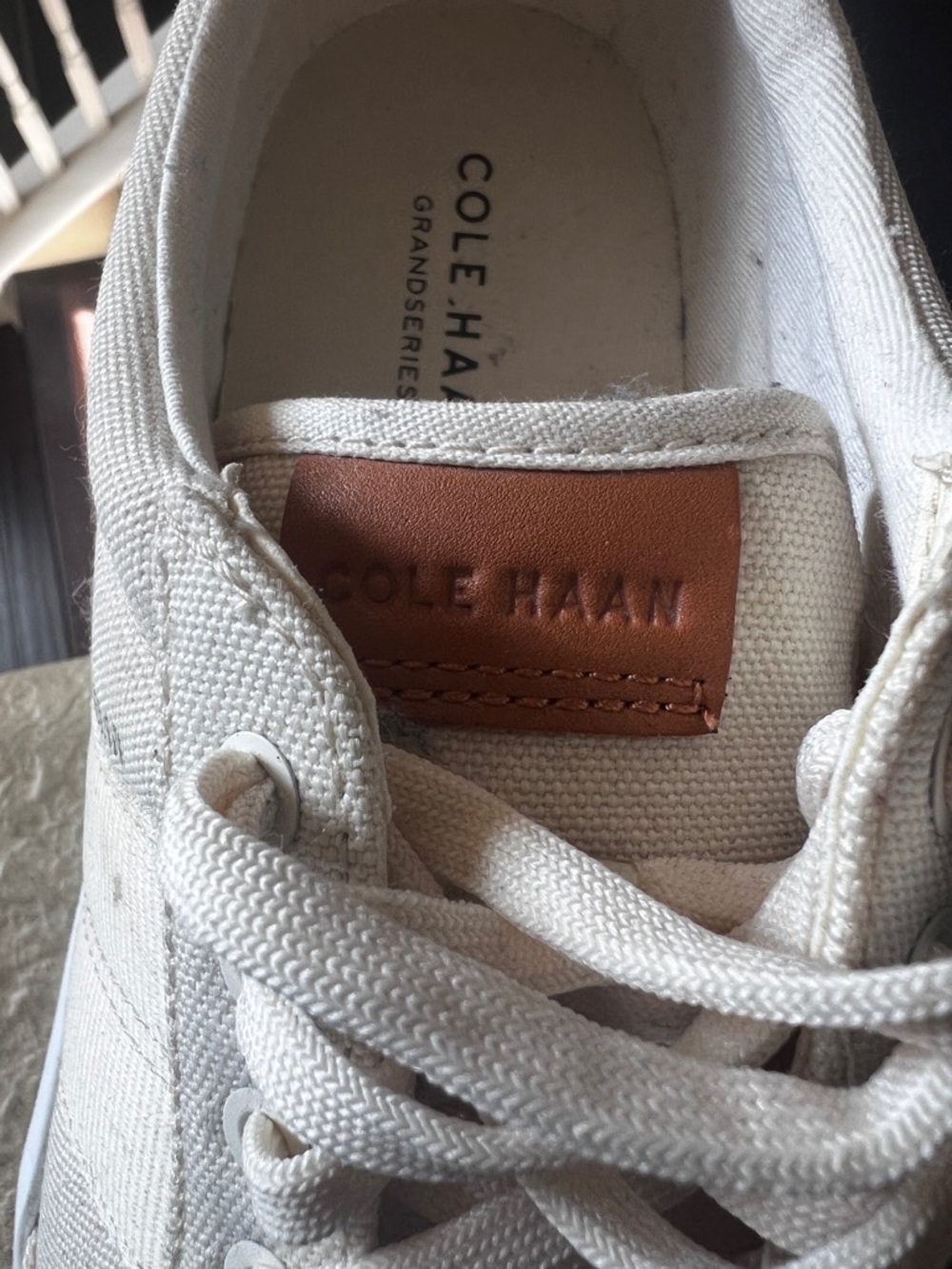 Cole Haan Off-White Canvas Sneakers with Brown Leather Tongue Patch